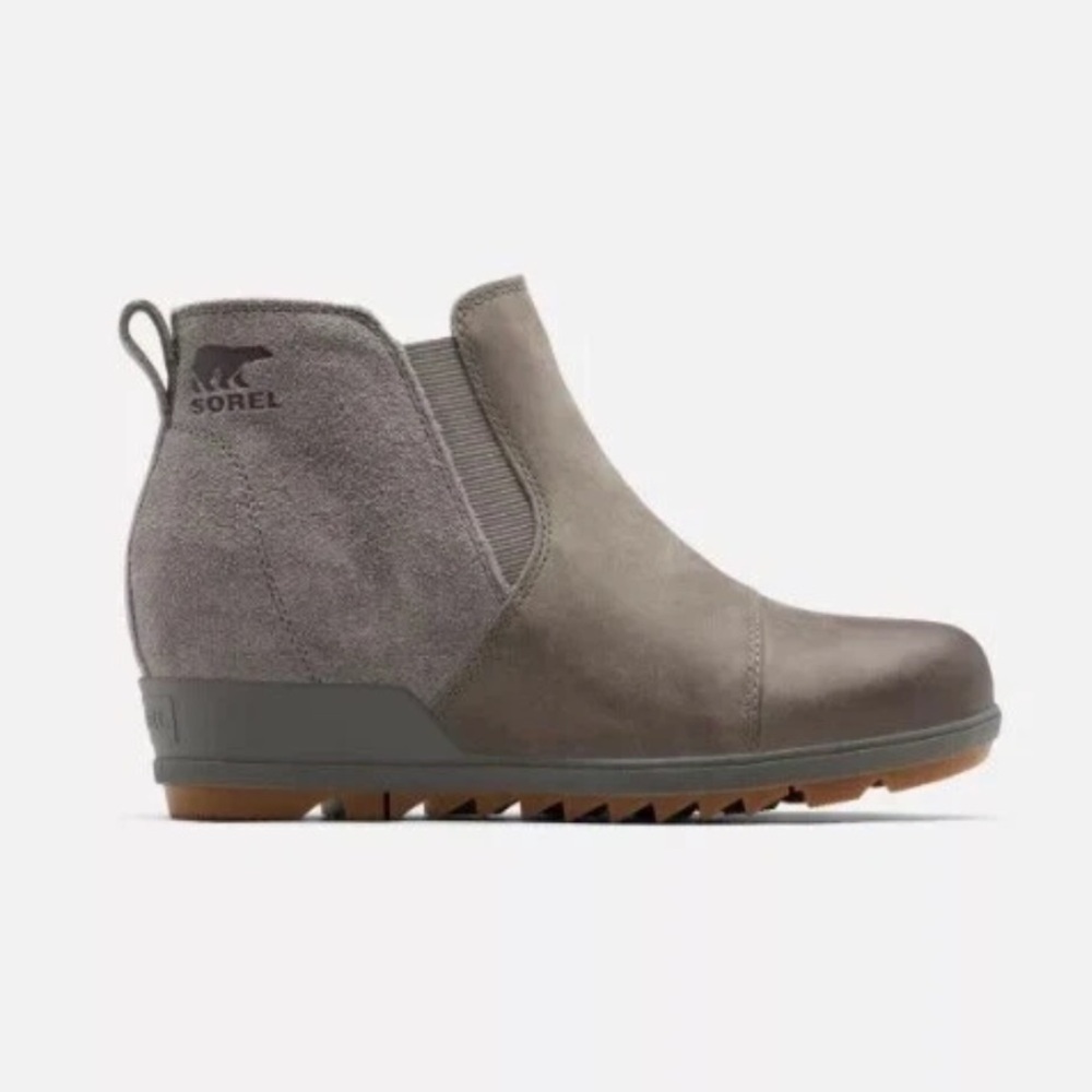 Sorel Evie Pull On Bootie in Gray Quarry Gum II Wedge Waterproof Leather Size 6